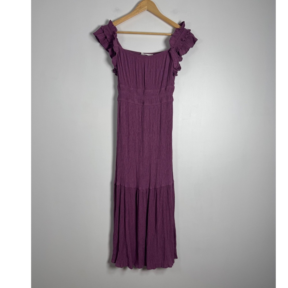 Boho Cottagecore Lucky Brand Womens Sm Maxi Dress Purple Ruffle Tiered Crinkle